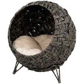 Rattan Cat Bed, Elevated Handwoven Cat Basket Bed with Soft Cushion and Metal Base