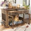 44.48" Large Dog Crate Furniture, Indoor Wooden Dog Kennel End Table with 2 Storage Drawers and Rotating Bowls