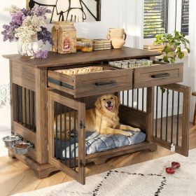 44.48" Large Dog Crate Furniture, Indoor Wooden Dog Kennel End Table with 2 Storage Drawers and Rotating Bowls